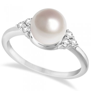 Freshwater Cultured Pearl & Diamond Accented Ring 14K W. Gold (7-8mm)