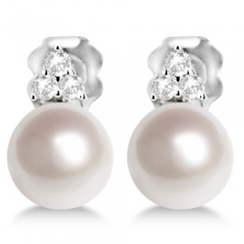 Freshwater Cultured Pearl & Diamond Stud Earrings 14K W. Gold (7-7.5mm)