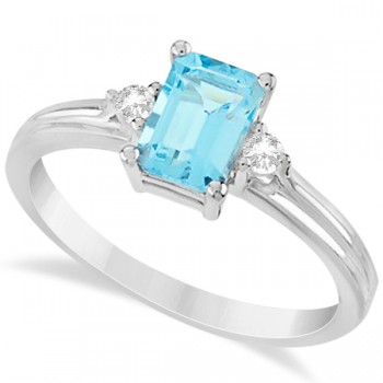 Emerald Cut Aquamarine & Diamond Engagement Ring 14k White Gold 1.01ct