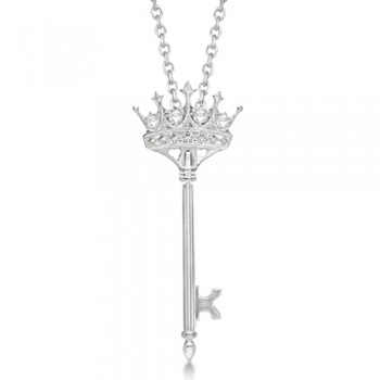 Diamond Crown Key Pendant Necklace Sterling Silver (0.12ct)