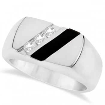 Men's Black Onyx & Channel Set Diamond Ring Sterling Silver 0.10ct