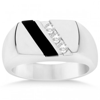 Men's Black Onyx & Channel Set Diamond Ring Sterling Silver 0.10ct