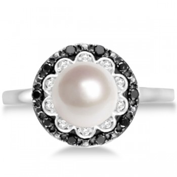 Freshwater Pearl Flower Ring w/ Black & White Diamonds 14K W. Gold 0.14cw