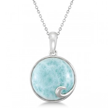 Round Genuine Larimar Pendant Necklace 14mm Gemstone Sterling Silver