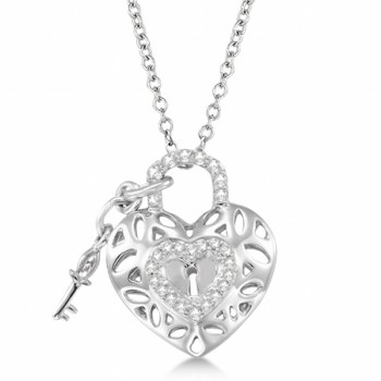 Diamond Heart Key and Lock Pendant Necklace Sterling Silver (0.16ct)