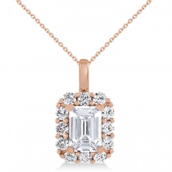 Emerald Cut Diamond Halo Pendant Necklace 14K Rose Gold (1.50ct)