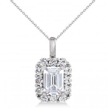 Emerald Cut Diamond Halo Pendant Necklace 14K White Gold (1.50ct)