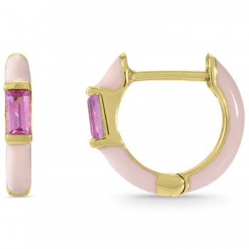 Natural Pink Tourmaline & Pink Enamel Hoop Earrings 14K Yellow Gold (0.13ct)