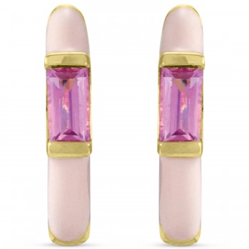 Natural Pink Tourmaline & Pink Enamel Hoop Earrings 14K Yellow Gold (0.13ct)
