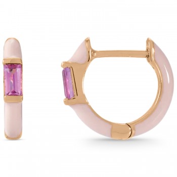 Natural Pink Tourmaline & Pink Enamel Hoop Earrings 14K Rose Gold (0.13ct)