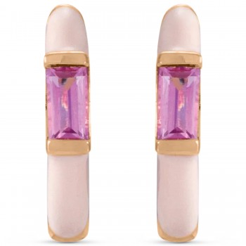 Natural Pink Tourmaline & Pink Enamel Hoop Earrings 14K Rose Gold (0.13ct)