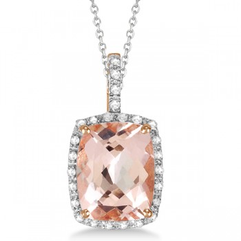 Diamond and Cushion Morganite Pendant Necklace 14k Rose Gold (2.61ct)