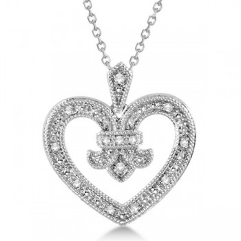 Diamond Fleur De Lis Heart Pendant Necklace Sterling Silver 0.10ct