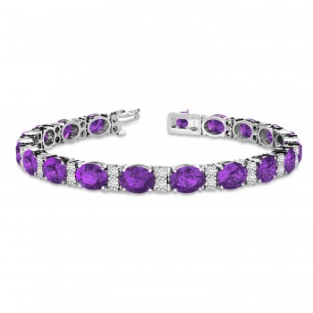 Diamond & Oval Cut Amethyst Tennis Bracelet 14k White Gold (13.62ct)