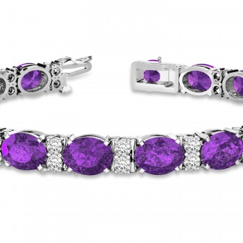 Diamond & Oval Cut Amethyst Tennis Bracelet 14k White Gold (13.62ct)