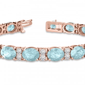 Diamond & Oval Cut Aquamarine Tennis Bracelet 14k Rose Gold (13.62ct)