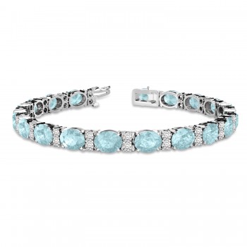 Diamond & Oval Cut Aquamarine Tennis Bracelet 14k White Gold (13.62ct)