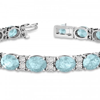 Diamond & Oval Cut Aquamarine Tennis Bracelet 14k White Gold (13.62ct)