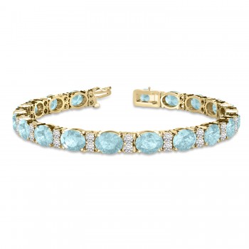 Diamond & Oval Cut Aquamarine Tennis Bracelet 14k Yellow Gold (13.62ct)