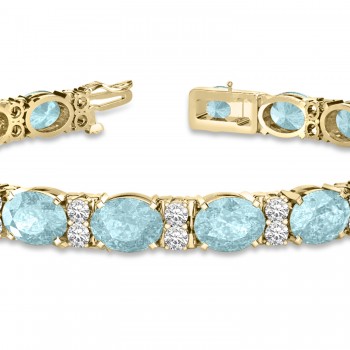 Diamond & Oval Cut Aquamarine Tennis Bracelet 14k Yellow Gold (13.62ct)