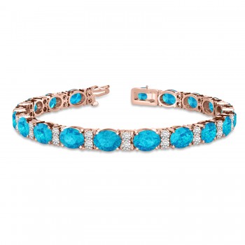 Diamond & Oval Cut Blue Topaz Tennis Bracelet 14k Rose Gold (13.62ct)