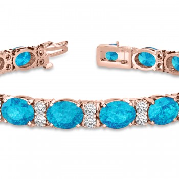 Diamond & Oval Cut Blue Topaz Tennis Bracelet 14k Rose Gold (13.62ct)