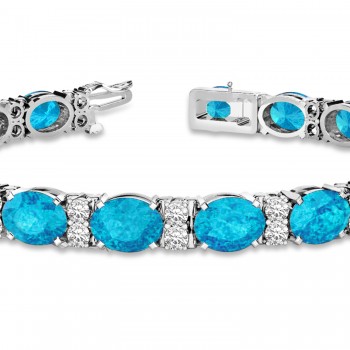 Diamond & Oval Cut Blue Topaz Tennis Bracelet 14k White Gold (13.62ct)