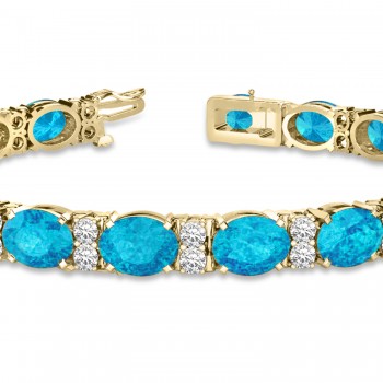 Diamond & Oval Cut Blue Topaz Tennis Bracelet 14k Yellow Gold (13.62ct)