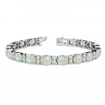 Diamond & Oval Cut Opal Tennis Bracelet 14k White Gold (13.62ct)