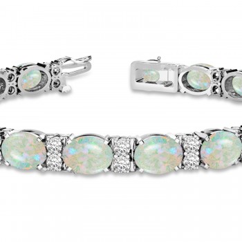 Diamond & Oval Cut Opal Tennis Bracelet 14k White Gold (13.62ct)