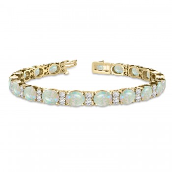 Diamond & Oval Cut Opal Tennis Bracelet 14k Yellow Gold (13.62ct)