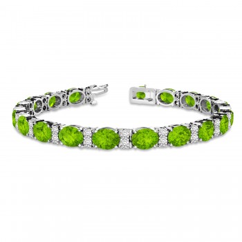 Diamond & Oval Cut Peridot Tennis Bracelet 14k White Gold (13.62ctw)