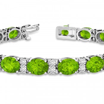 Diamond & Oval Cut Peridot Tennis Bracelet 14k White Gold (13.62ctw)