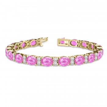 Diamond & Oval Cut Pink Sapphire Tennis Bracelet 14k Yellow Gold (13.62ct)