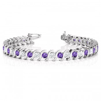 Amethyst & Diamond Tennis S Link Bracelet 14k White Gold (4.00ct)