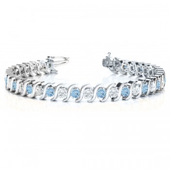Aquamarine & Diamond Tennis S Link Bracelet 14k White Gold (4.00ct)