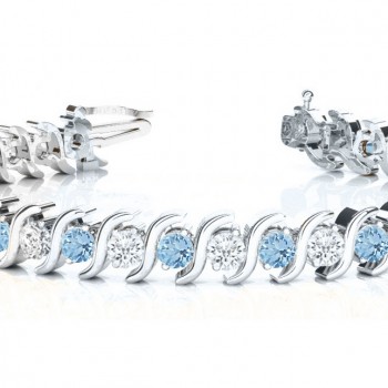 Aquamarine & Diamond Tennis S Link Bracelet 14k White Gold (4.00ct)