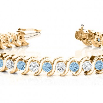 Aquamarine & Diamond Tennis S Link Bracelet 14k Yellow Gold (4.00ct)