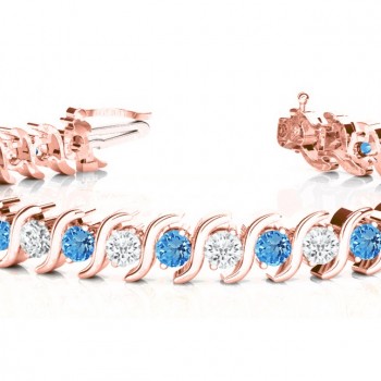 Blue Topaz & Diamond Tennis S Link Bracelet 14k Rose Gold (4.00ct)