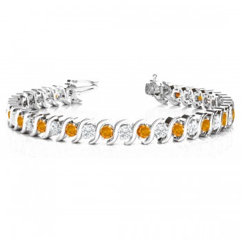 Citrine & Diamond Tennis S Link Bracelet 14k White Gold (4.00ct)