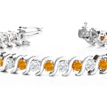 Citrine & Diamond Tennis S Link Bracelet 14k White Gold (4.00ct)