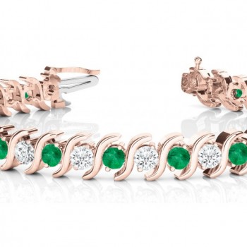 Emerald & Diamond Tennis S Link Bracelet 14k Rose Gold (4.00ct)