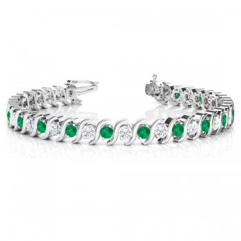 Emerald & Diamond Tennis S Link Bracelet 14k White Gold (4.00ct)