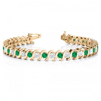 Emerald & Diamond Tennis S Link Bracelet 14k Yellow Gold (4.00ct)