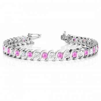 Pink Sapphire & Diamond Tennis S Link Bracelet 14k White Gold (4.00ct)