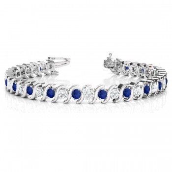 Blue Sapphire & Diamond Tennis S Link Bracelet 18k White Gold (6.00ct)