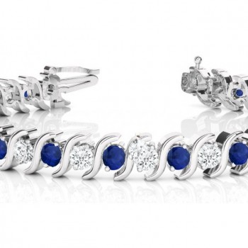 Blue Sapphire & Diamond Tennis S Link Bracelet 18k White Gold (6.00ct)