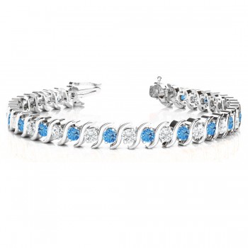 Blue Topaz & Diamond Tennis S Link Bracelet 18k White Gold (6.00ct)