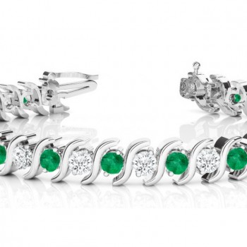 Emerald & Diamond Tennis S Link Bracelet 18k White Gold (6.00ct)