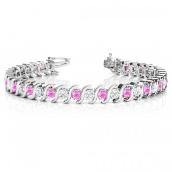 Pink Sapphire & Diamond Tennis S Link Bracelet 18k White Gold (6.00ct)
